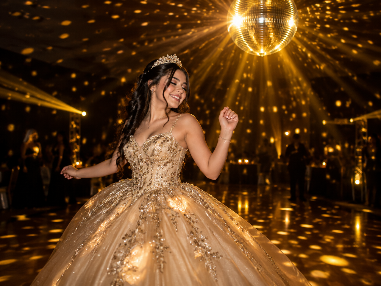 Andrea bailando bajo reflejos de bola disco